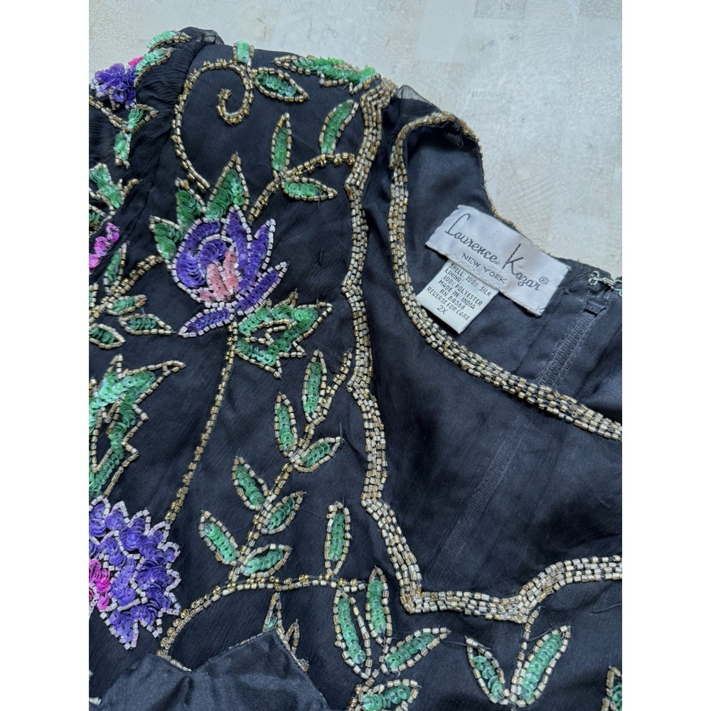 Vtg Laurence Kazar Silk Floral Beaded Short Sleeve Black Top Plus Womens 2X - Picture 6 of 10
